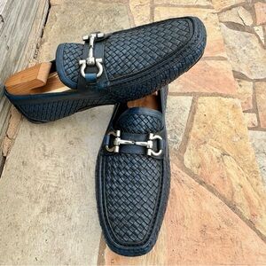 Salvatore Ferragamo Silver and Blue Loafers Slip-Ons